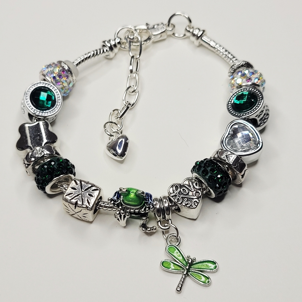 NWT Pandora Style Frog And Dragonfly Snake Chain Charm Bracelet Green Silver M/L - Picture 5 of 9
